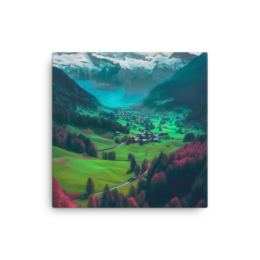 Berglandschaft und Dorf - Fotorealistische Malerei - Leinwand berge xxx 40.6 x 40.6 cm
