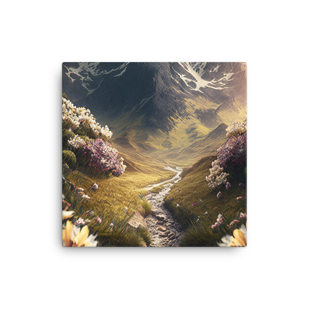 Epischer Berg, steiniger Weg und Blumen - Realistische Malerei - Leinwand berge xxx 40.6 x 40.6 cm