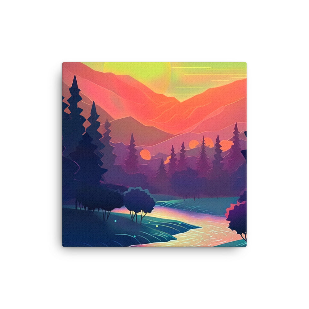 Berge, Fluss, Sonnenuntergang - Malerei - Leinwand berge xxx 40.6 x 40.6 cm