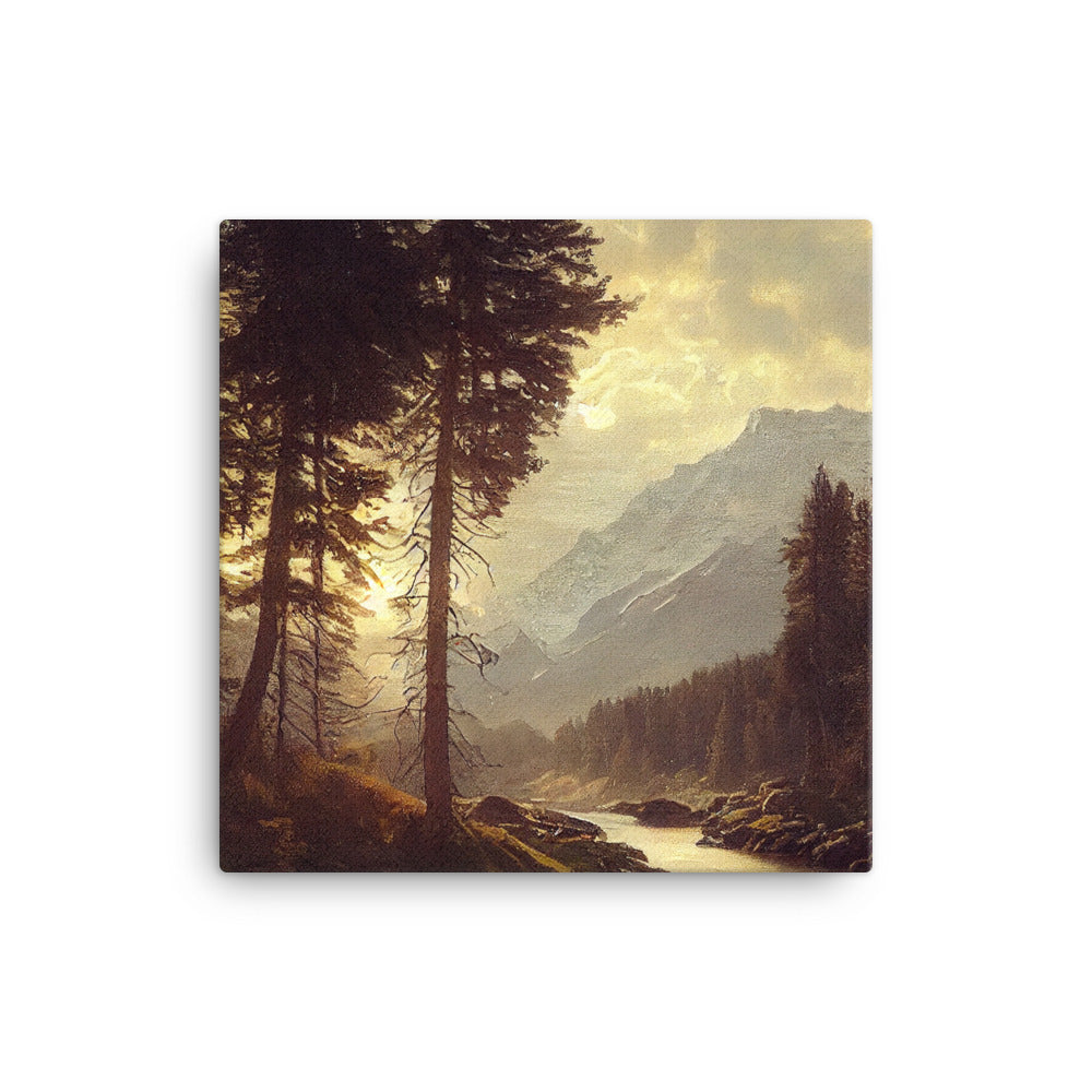 Landschaft mit Bergen, Fluss und Bäumen - Malerei - Leinwand berge xxx 40.6 x 40.6 cm