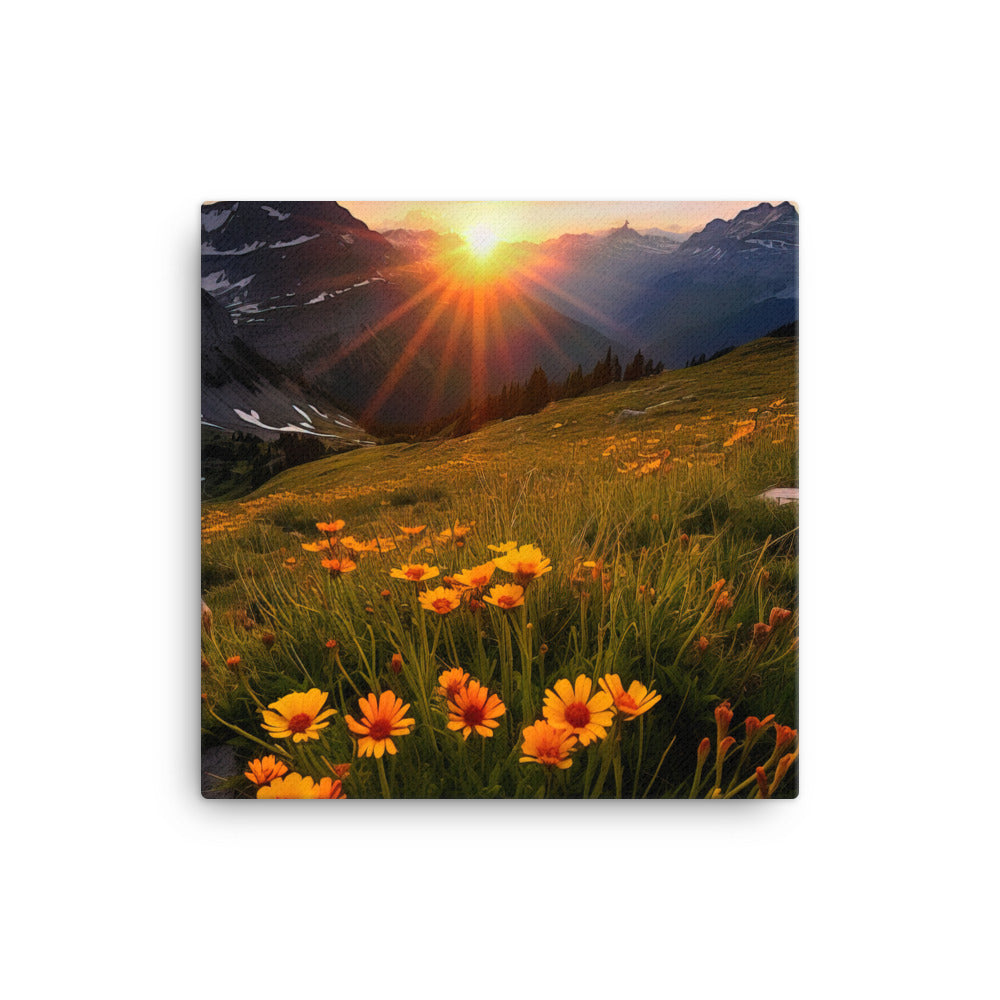 Gebirge, Sonnenblumen und Sonnenaufgang - Leinwand berge xxx 40.6 x 40.6 cm