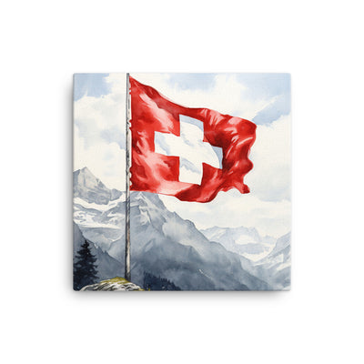 Schweizer Flagge und Berge im Hintergrund - Epische Stimmung - Malerei - Leinwand berge xxx 40.6 x 40.6 cm