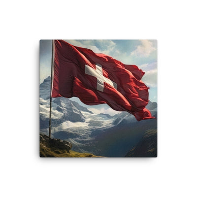 Schweizer Flagge und Berge im Hintergrund - Fotorealistische Malerei - Leinwand berge xxx 40.6 x 40.6 cm