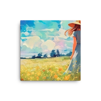 Dame mit Hut im Feld mit Blumen - Landschaftsmalerei - Leinwand camping xxx 40.6 x 40.6 cm