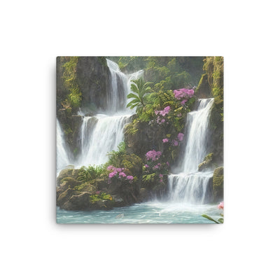 Wasserfall im Wald und Blumen - Schöne Malerei - Leinwand camping xxx 40.6 x 40.6 cm