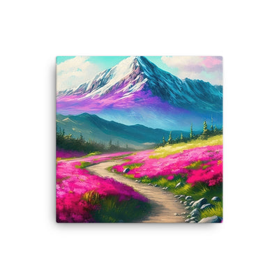 Berg, pinke Blumen und Wanderweg - Landschaftsmalerei - Leinwand berge xxx 40.6 x 40.6 cm