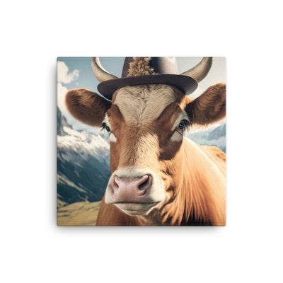 Kuh mit Hut in den Alpen - Berge im Hintergrund - Landschaftsmalerei - Leinwand berge xxx 40.6 x 40.6 cm