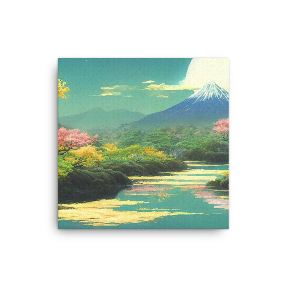 Berg, See und Wald mit pinken Bäumen - Landschaftsmalerei - Leinwand berge xxx 40.6 x 40.6 cm