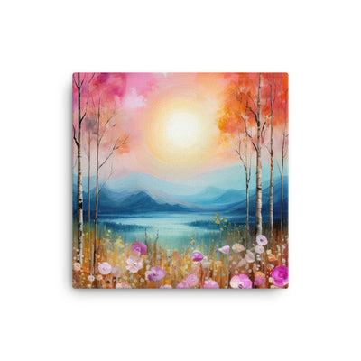 Berge, See, pinke Bäume und Blumen - Malerei - Leinwand berge xxx 40.6 x 40.6 cm