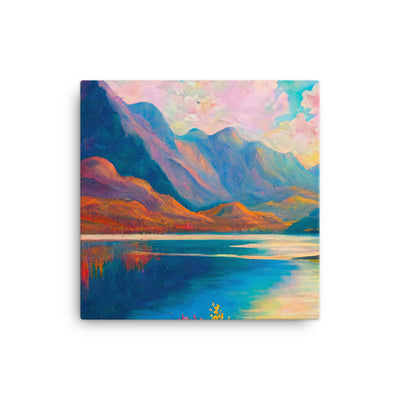 Berglandschaft und Bergsee - Farbige Ölmalerei - Leinwand berge xxx 40.6 x 40.6 cm