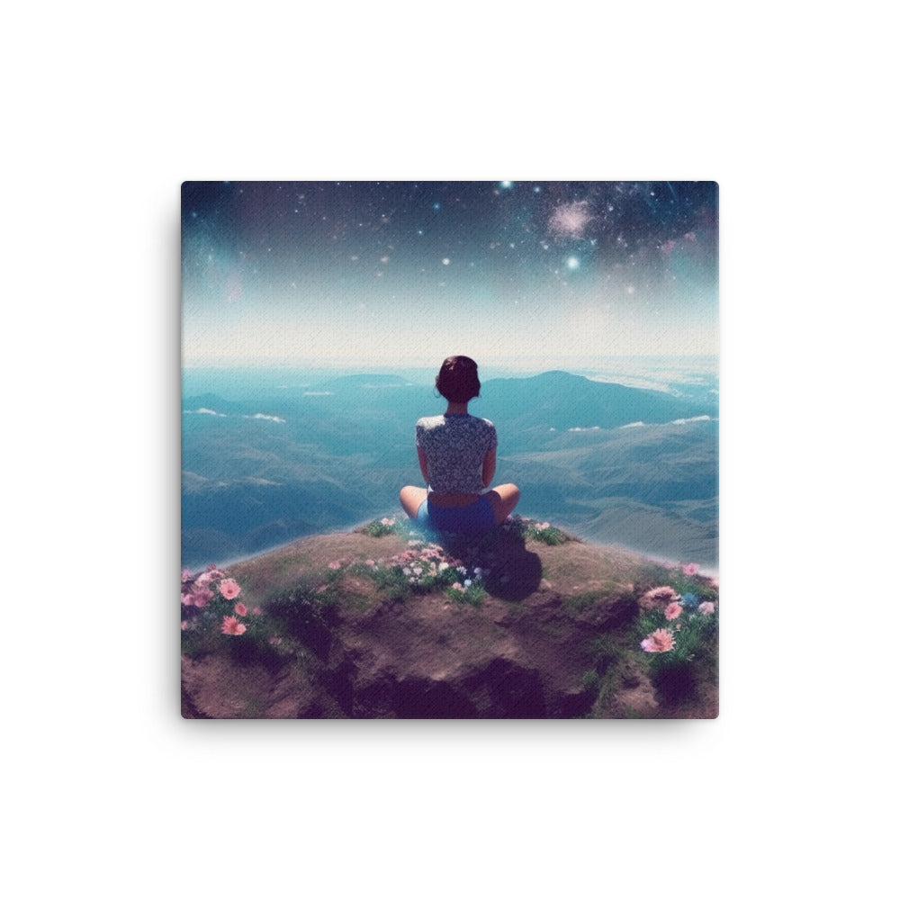 Frau sitzt auf Berg – Cosmos und Sterne im Hintergrund - Landschaftsmalerei - Leinwand berge xxx 40.6 x 40.6 cm