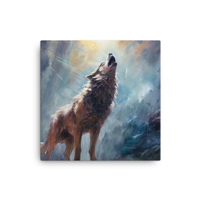 Heulender Wolf auf Berggipfel und Mond im Hintergrund – Abstrakte Malerei - Leinwand camping xxx 40.6 x 40.6 cm