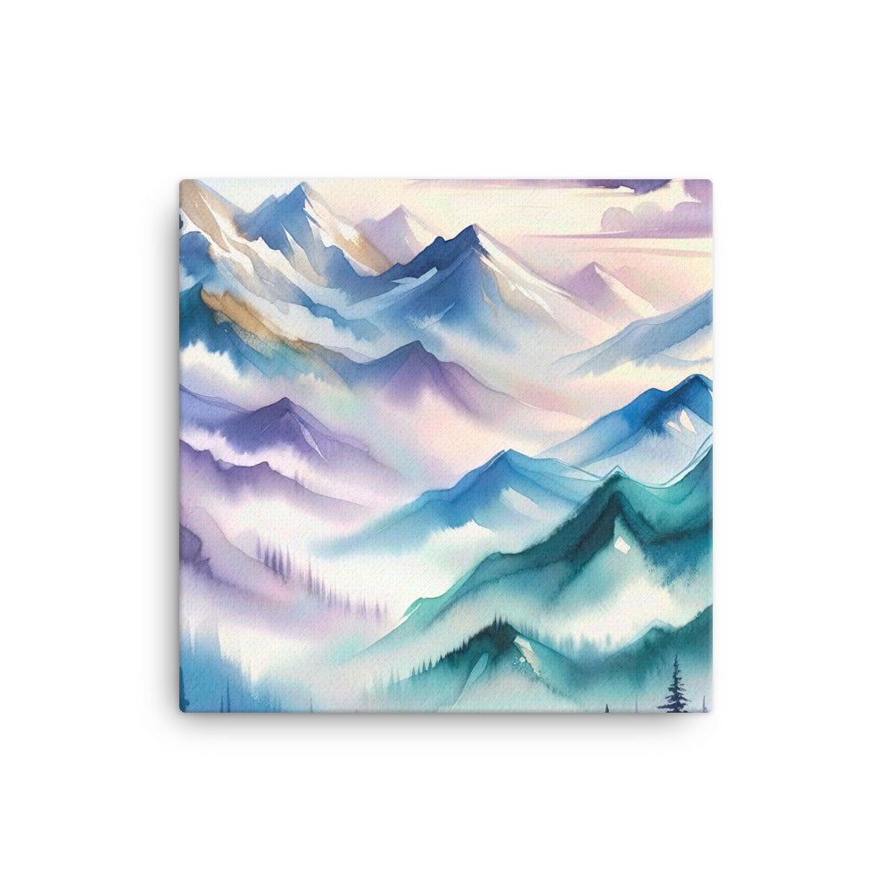 Ein Aquarellgemälde der Alpen in einem sanften, traumhaften Stil. Die Berge werden in Strichen mit Gold wiedergegeben - Leinwand berge xxx yyy zzz 40.6 x 40.6 cm