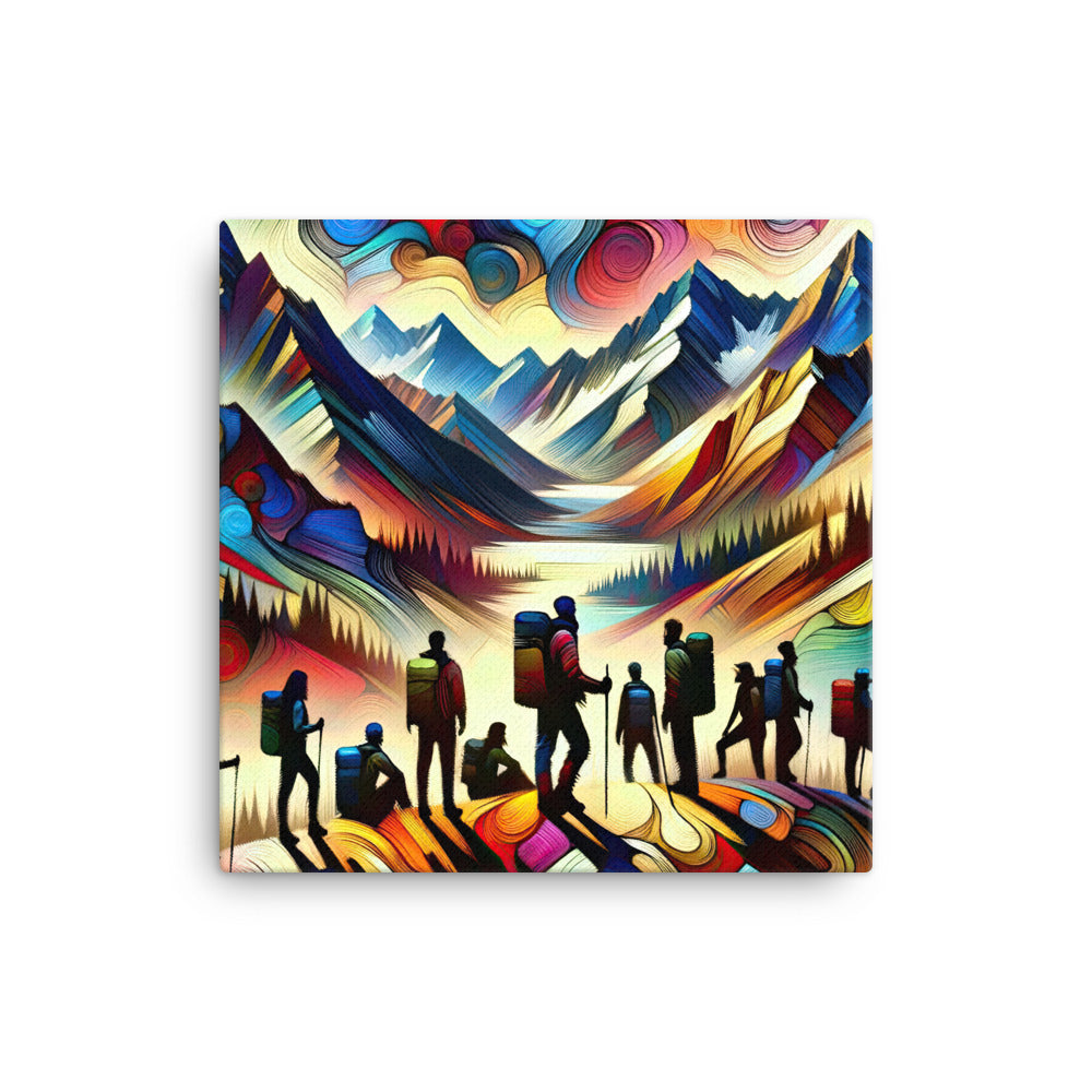 Abstraktes Kunstgemälde der Alpen voller lebendiger Muster. Ein vielfältiges Wanderteam, sowohl Männer als auch Frauen - Leinwand wandern xxx yyy zzz 40.6 x 40.6 cm