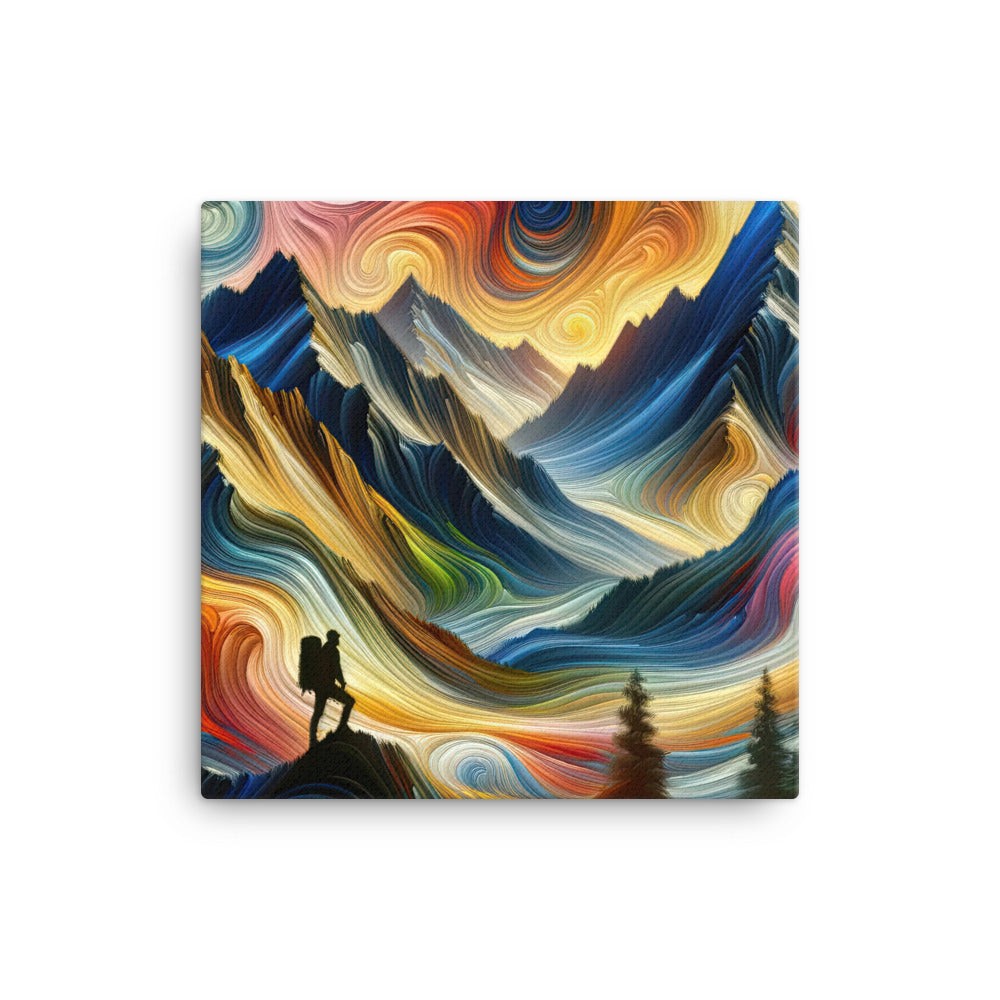 Abstraktes Kunstgemälde der Alpen mit wirbelnden, lebendigen Farben und dynamischen Mustern. Wanderer Silhouette - Leinwand wandern xxx yyy zzz 40.6 x 40.6 cm