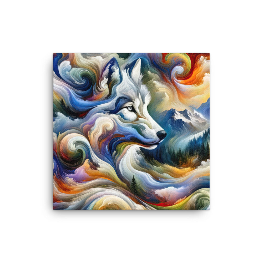 Abstraktes Alpen Gemälde: Wirbelnde Farben und Majestätischer Wolf, Silhouette (AN) - Leinwand xxx yyy zzz 40.6 x 40.6 cm