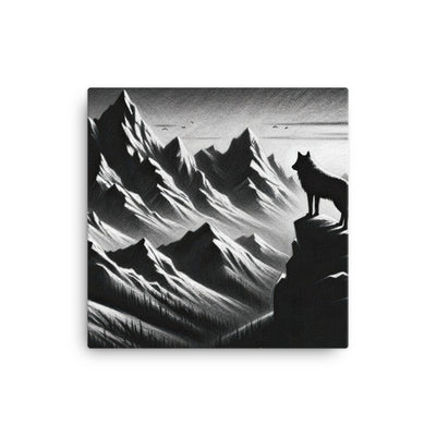 Kohlezeichnung, die die stille Stille der Alpen in der Winterdämmerung verkörpert. Wolf auf einem Berghügel (AN) - Leinwand xxx yyy zzz 40.6 x 40.6 cm