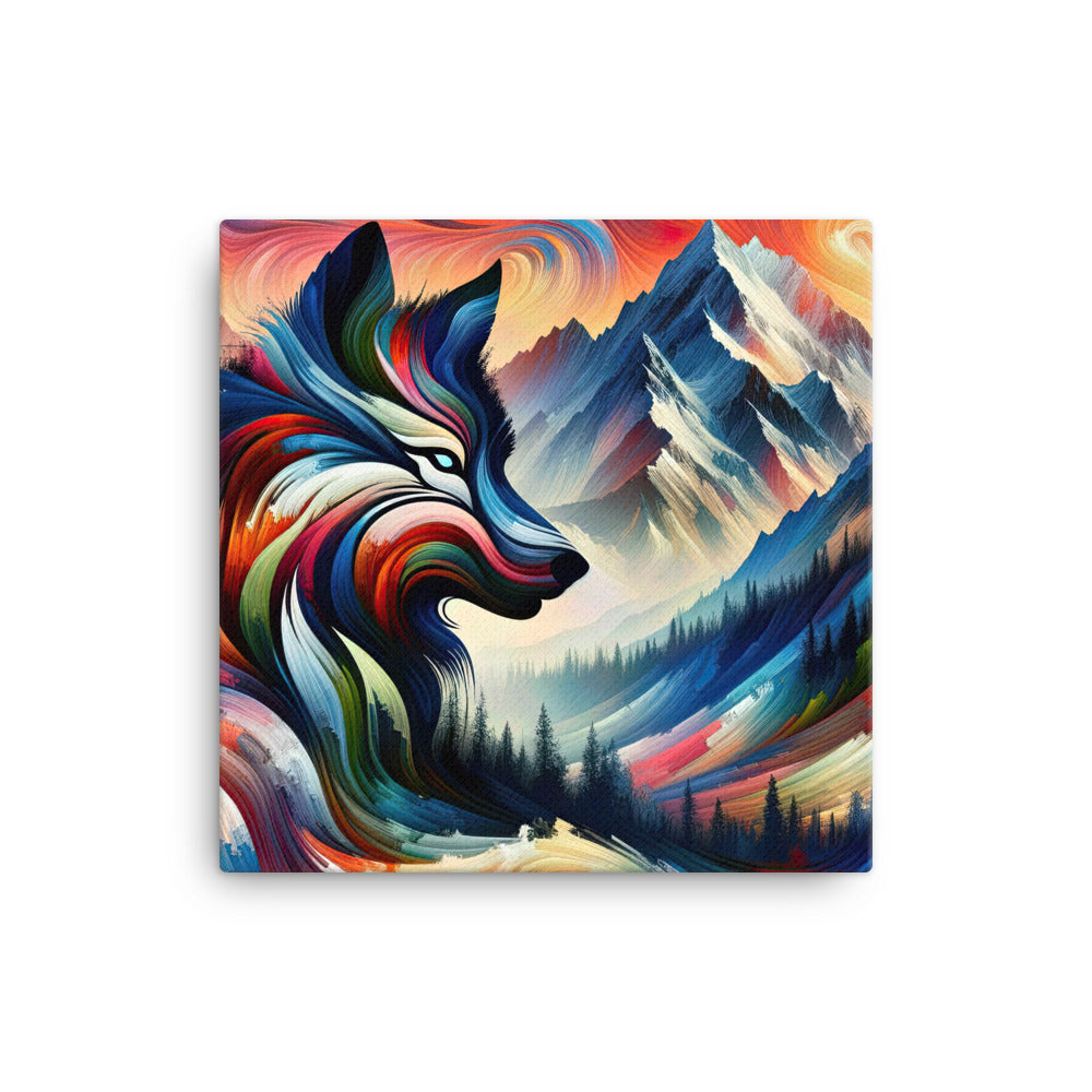 Abstrakte Kunst der Alpen mit majestätischer Wolfssilhouette. Lebendige, wirbelnde Farben, unvorhersehbare Muster (AN) - Leinwand xxx yyy zzz 40.6 x 40.6 cm