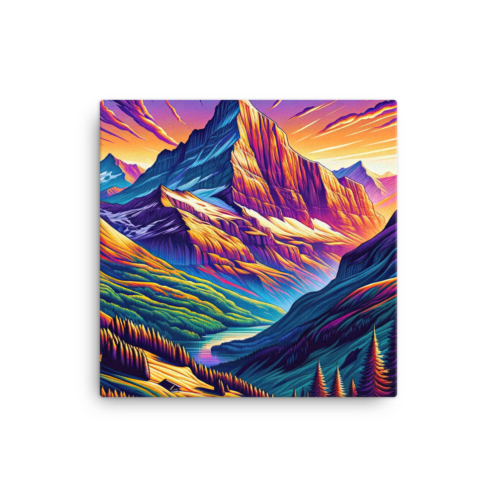 Bergpracht mit Schweizer Flagge: Farbenfrohe Illustration einer Berglandschaft - Leinwand berge xxx yyy zzz 40.6 x 40.6 cm