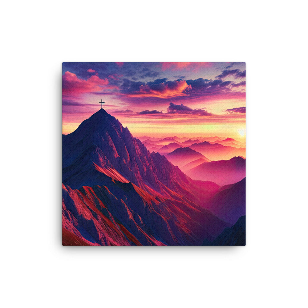 Dramatischer Alpen-Sonnenaufgang, Gipfelkreuz und warme Himmelsfarben - Leinwand berge xxx yyy zzz 40.6 x 40.6 cm