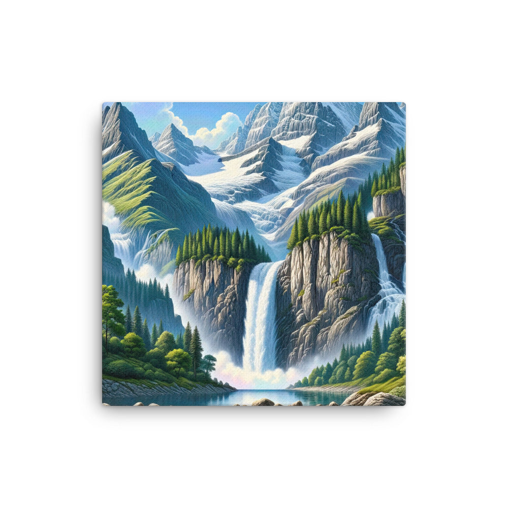 Illustration einer unberührten Alpenkulisse im Hochsommer. Wasserfall und See - Leinwand berge xxx yyy zzz 40.6 x 40.6 cm