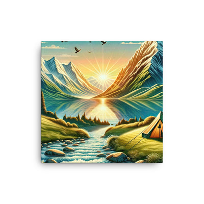 Zelt im Alpenmorgen mit goldenem Licht, Schneebergen und unberührten Seen - Leinwand berge xxx yyy zzz 40.6 x 40.6 cm