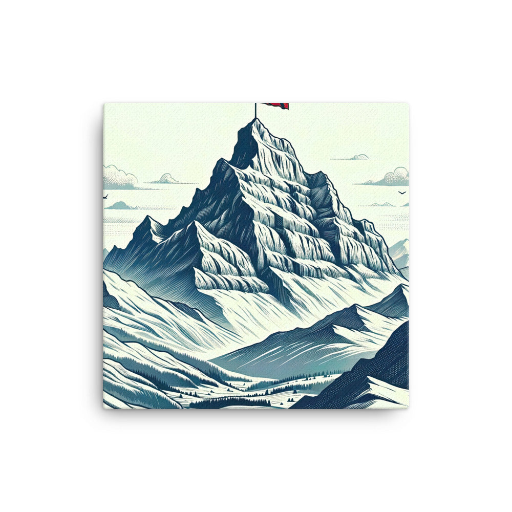 Ausgedehnte Bergkette mit dominierendem Gipfel und wehender Schweizer Flagge - Leinwand berge xxx yyy zzz 40.6 x 40.6 cm