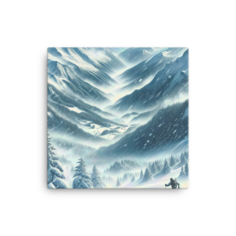Alpine Wildnis im Wintersturm mit Skifahrer, verschneite Landschaft - Leinwand klettern ski xxx yyy zzz 40.6 x 40.6 cm