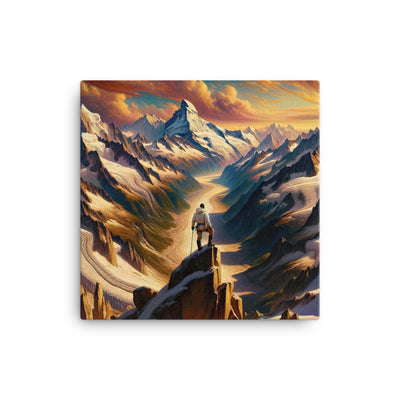 Ölgemälde eines Wanderers auf einem Hügel mit Panoramablick auf schneebedeckte Alpen und goldenen Himmel - Leinwand wandern xxx yyy zzz 40.6 x 40.6 cm