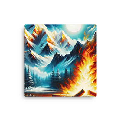 Ölgemälde von Feuer und Eis: Lagerfeuer und Alpen im Kontrast, warme Flammen - Leinwand camping xxx yyy zzz 40.6 x 40.6 cm