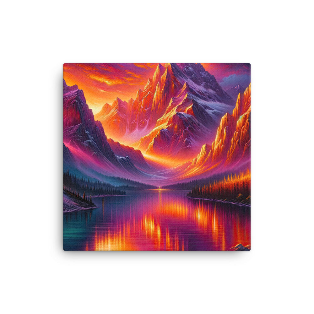 Ölgemälde eines Bootes auf einem Bergsee bei Sonnenuntergang, lebendige Orange-Lila Töne - Leinwand berge xxx yyy zzz 40.6 x 40.6 cm