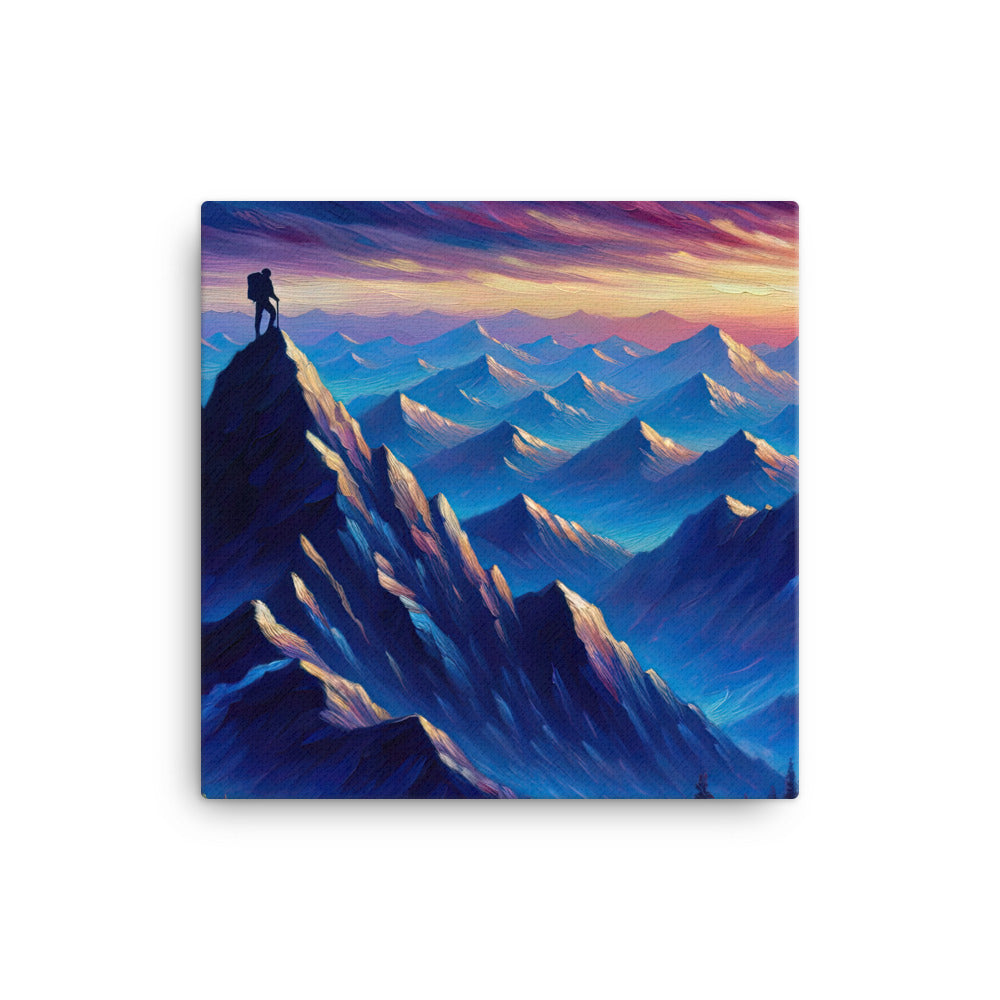 Ölgemälde eines ruhigen Alpenabends mit Bergsteigersilhouette auf dem Gipfel - Leinwand wandern xxx yyy zzz 40.6 x 40.6 cm