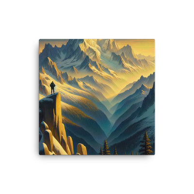 Ölgemälde eines Wanderers bei Morgendämmerung auf Alpengipfeln mit goldenem Sonnenlicht - Leinwand wandern xxx yyy zzz 40.6 x 40.6 cm