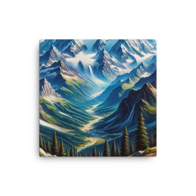 Panorama-Ölgemälde der Alpen mit schneebedeckten Gipfeln und schlängelnden Flusstälern - Leinwand berge xxx yyy zzz 40.6 x 40.6 cm