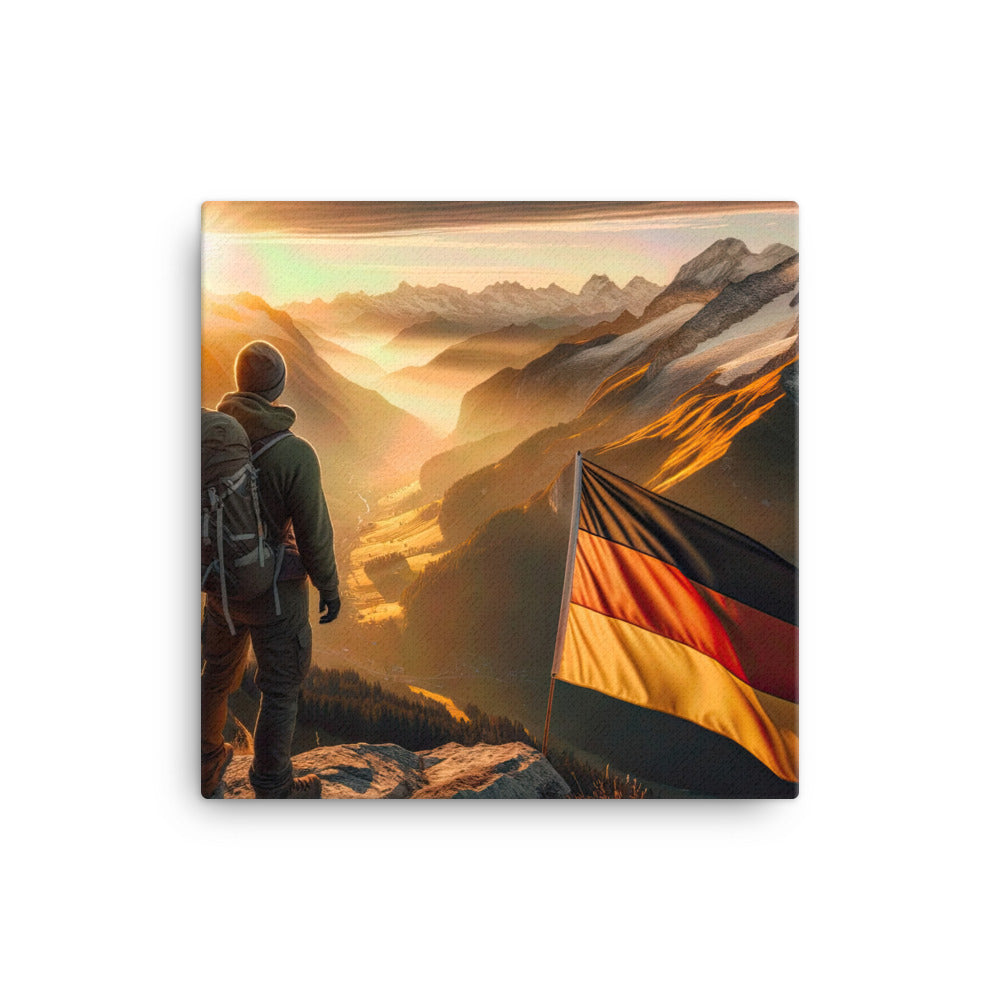 Foto der Alpen bei Sonnenuntergang mit deutscher Flagge und Wanderer, goldenes Licht auf Schneegipfeln - Leinwand berge xxx yyy zzz 40.6 x 40.6 cm