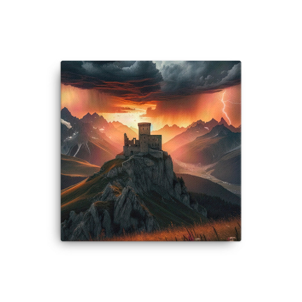 Foto einer Alpenburg bei stürmischem Sonnenuntergang, dramatische Wolken und Sonnenstrahlen - Leinwand berge xxx yyy zzz 40.6 x 40.6 cm