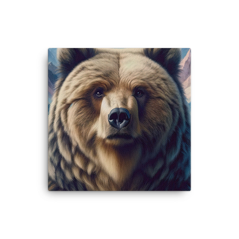 Foto eines Bären vor abstrakt gemalten Alpenbergen, Oberkörper im Fokus - Leinwand camping xxx yyy zzz 40.6 x 40.6 cm
