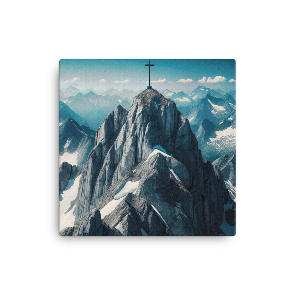 Foto der Alpen mit Gipfelkreuz an einem klaren Tag, schneebedeckte Spitzen vor blauem Himmel - Leinwand berge xxx yyy zzz 40.6 x 40.6 cm