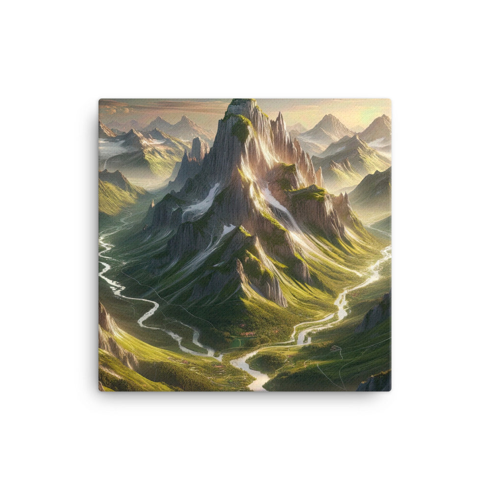 Fotorealistisches Bild der Alpen mit österreichischer Flagge, scharfen Gipfeln und grünen Tälern - Leinwand berge xxx yyy zzz 40.6 x 40.6 cm