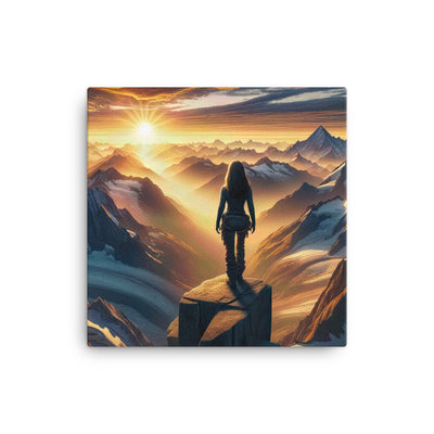 Fotorealistische Darstellung der Alpen bei Sonnenaufgang, Wanderin unter einem gold-purpurnen Himmel - Leinwand wandern xxx yyy zzz 40.6 x 40.6 cm