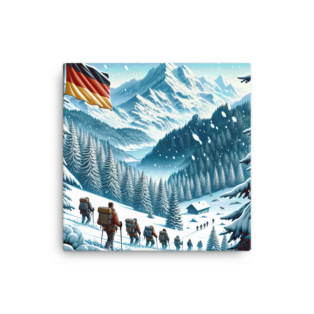 Quadratische Winterillustration der Alpen mit deutscher Flagge und Wanderteam - Leinwand wandern xxx yyy zzz 40.6 x 40.6 cm