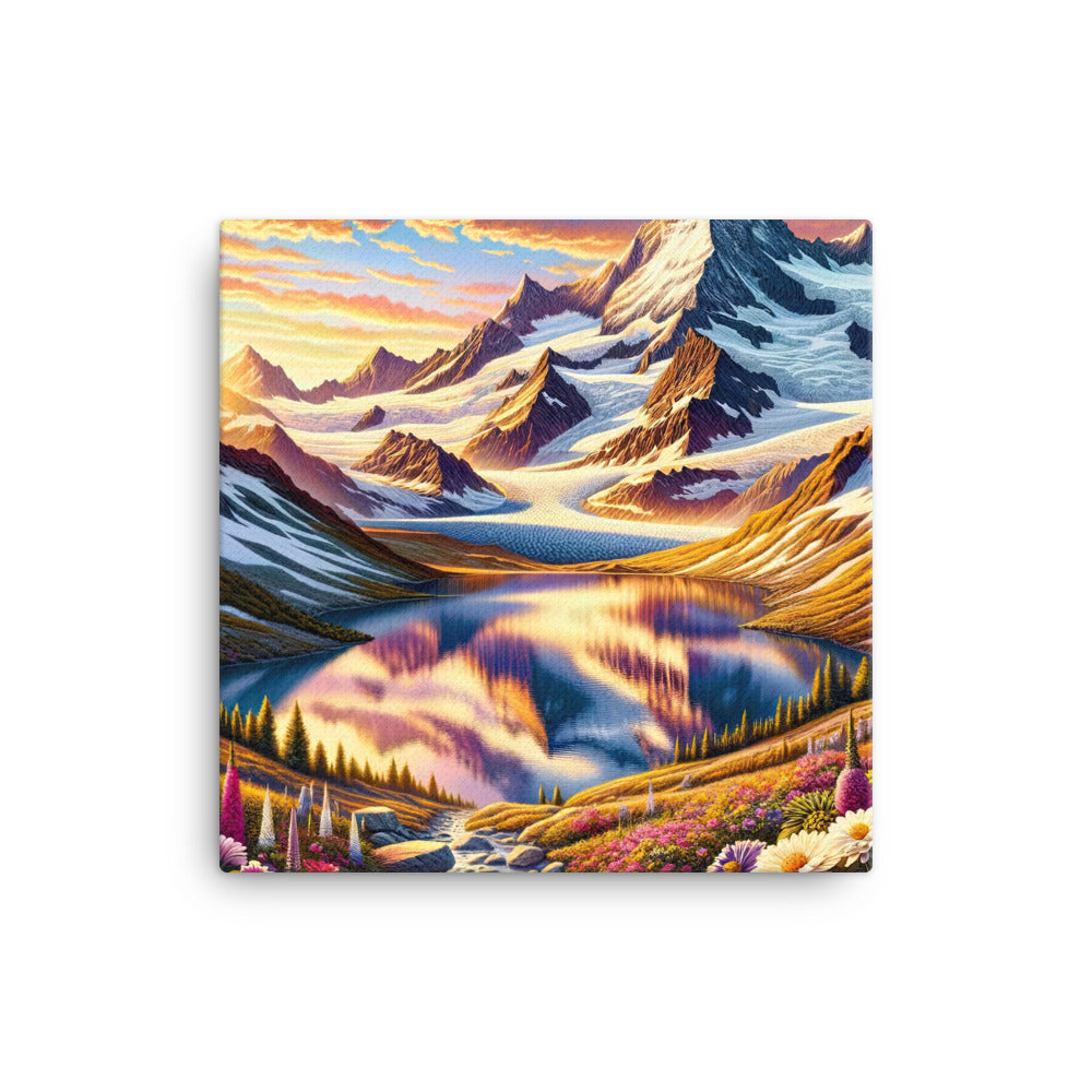 Quadratische Illustration der Alpen mit schneebedeckten Gipfeln und Wildblumen - Leinwand berge xxx yyy zzz 40.6 x 40.6 cm