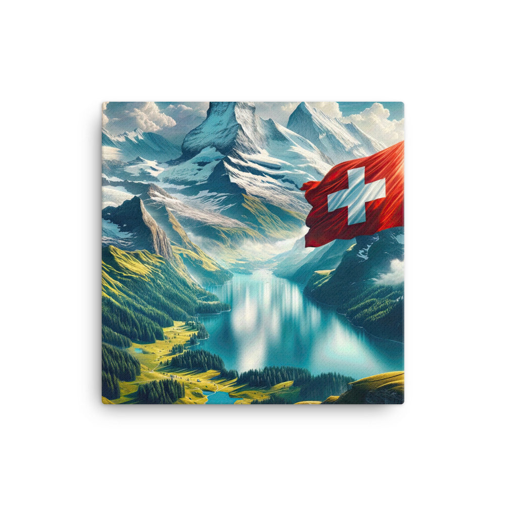 Ultraepische, fotorealistische Darstellung der Schweizer Alpenlandschaft mit Schweizer Flagge - Leinwand berge xxx yyy zzz 40.6 x 40.6 cm