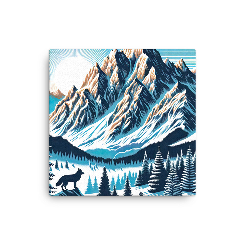 Vektorgrafik eines Wolfes im winterlichen Alpenmorgen, Berge mit Schnee- und Felsmustern - Leinwand berge xxx yyy zzz 40.6 x 40.6 cm