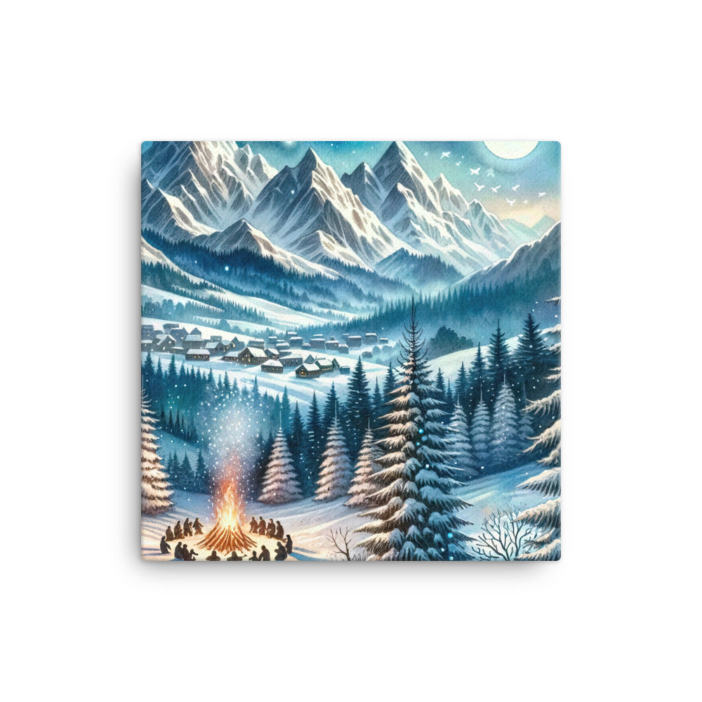Aquarell eines Winterabends in den Alpen mit Lagerfeuer und Wanderern, glitzernder Neuschnee - Leinwand camping xxx yyy zzz 40.6 x 40.6 cm