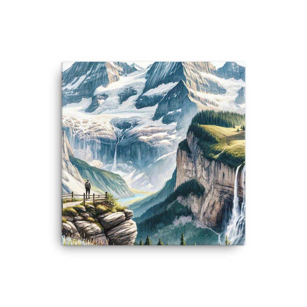Aquarell-Panoramablick der Alpen mit schneebedeckten Gipfeln, Wasserfällen und Wanderern - Leinwand wandern xxx yyy zzz 40.6 x 40.6 cm