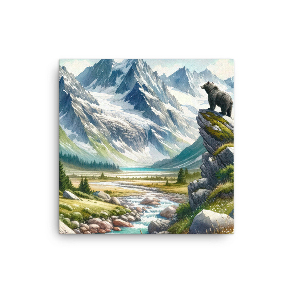 Aquarellmalerei eines Bären und der sommerlichen Alpenschönheit mit schneebedeckten Ketten - Leinwand camping xxx yyy zzz 40.6 x 40.6 cm