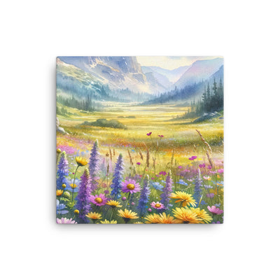 Aquarell einer Almwiese in Ruhe, Wildblumenteppich in Gelb, Lila, Rosa - Leinwand berge xxx yyy zzz 40.6 x 40.6 cm