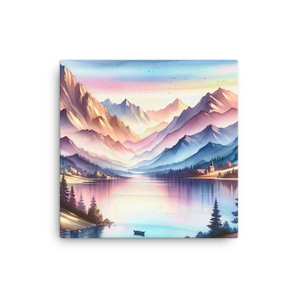 Aquarell einer Dämmerung in den Alpen, Boot auf einem See in Pastell-Licht - Leinwand berge xxx yyy zzz 40.6 x 40.6 cm