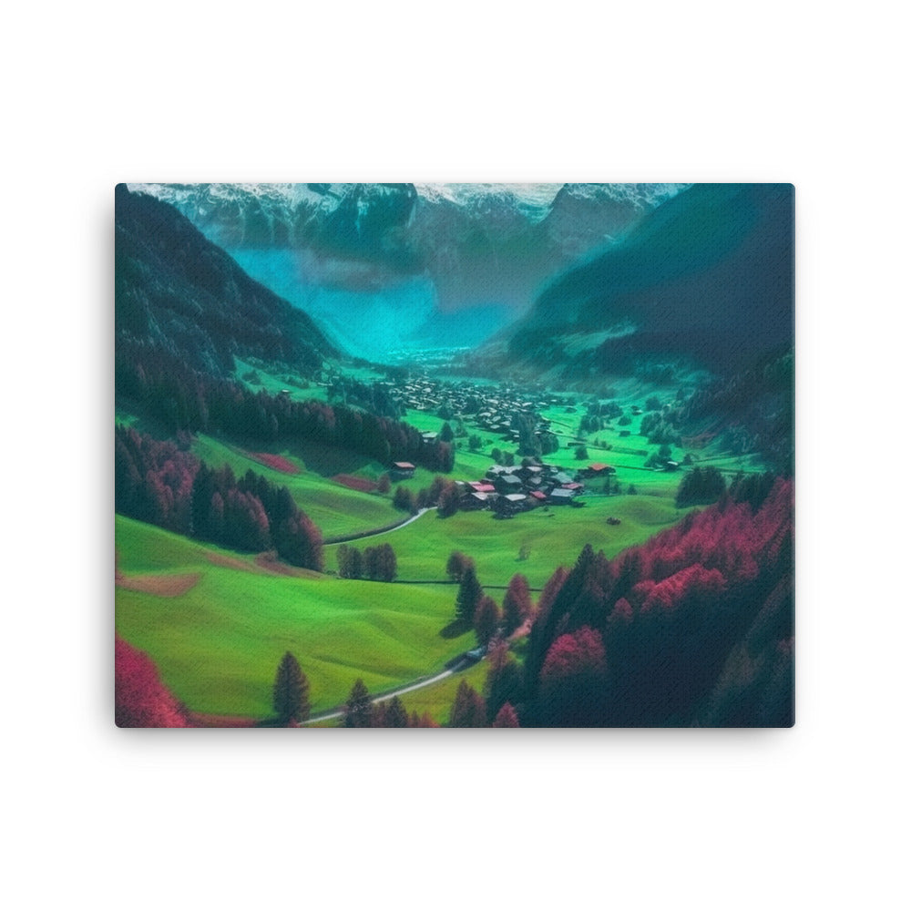 Berglandschaft und Dorf - Fotorealistische Malerei - Leinwand berge xxx 40.6 x 50.8 cm
